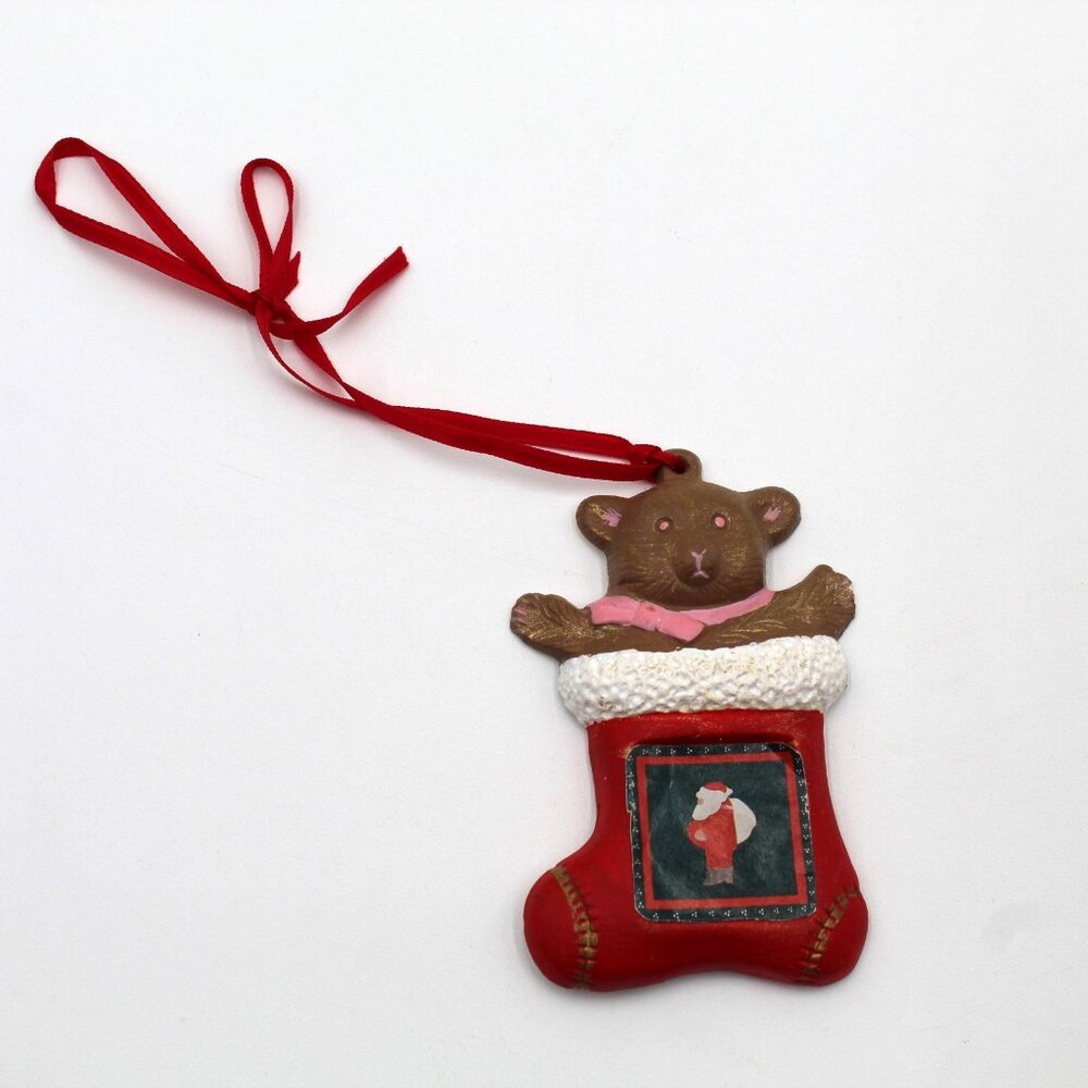 Brown Bear In Red Stocking 3.5" Hanging Christmas Ornament Vintage Handmade 1990